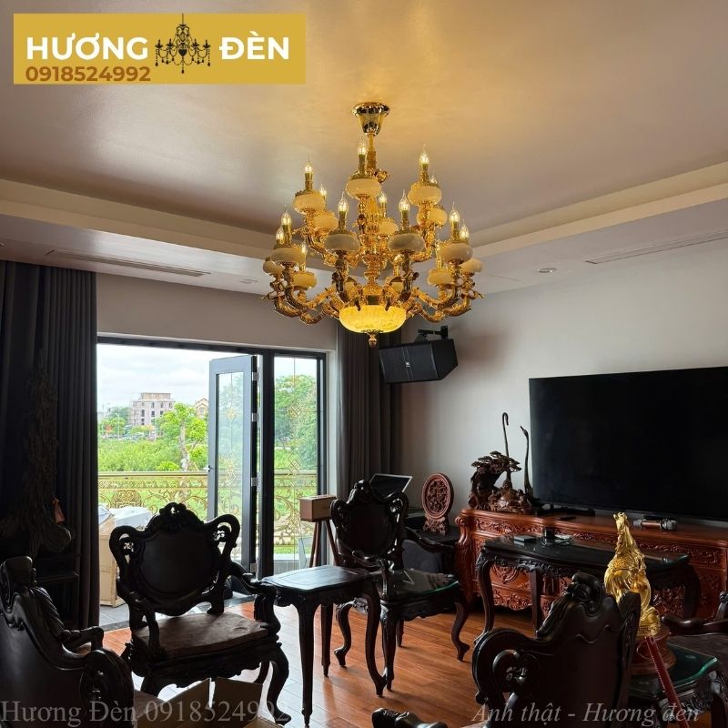 Đèn chùm đồng chao đá Euroto CD-451/15 Ø900×H1000 E14×15