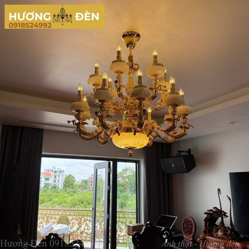 Đèn chùm đồng, đá ngọc thạch thiên nhiên Hufa CĐ 1258/18