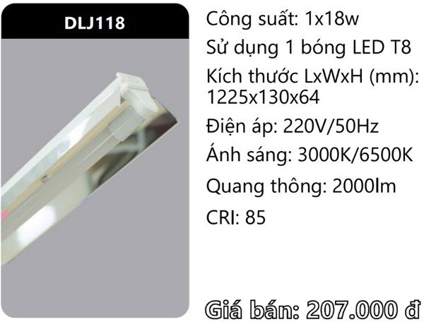 ĐÈN CÔNG NGHIỆP CHÓA PHẢN QUANG GẮN 1 MỘT BÓNG 1M2 LED 1X18W DUHAL DLJ118