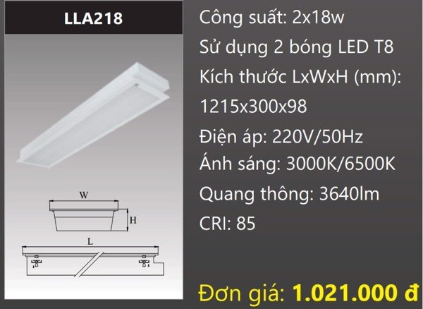 MÁNG ĐÈN ÂM TRẦN MẶT CHỤP MICA 300X1200 (30X120) GẮN 2 BÓNG 1M2 LED 2X18W DUHAL LLA218