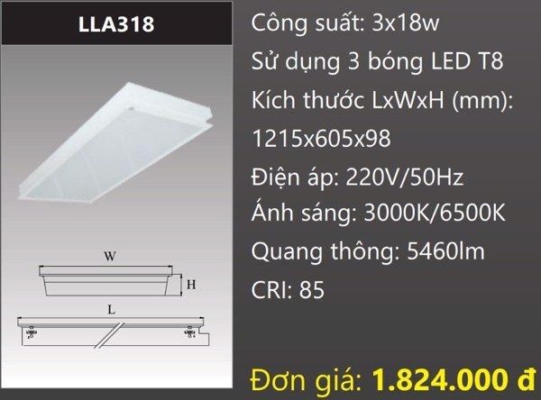 MÁNG ĐÈN ÂM TRẦN MẶT CHỤP MICA 600X1200 (60X120) GẮN 3 BÓNG 1M2 LED 3X18W DUHAL LLA318