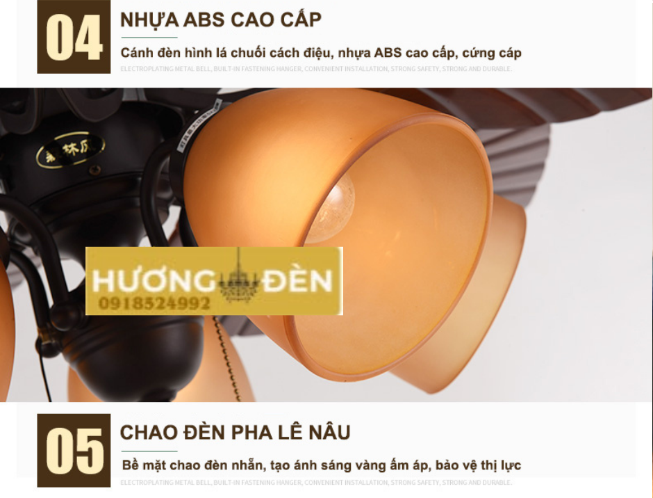 Quạt Trần Đèn Diệp Hương Tiêu Lá Gỗ-QT43