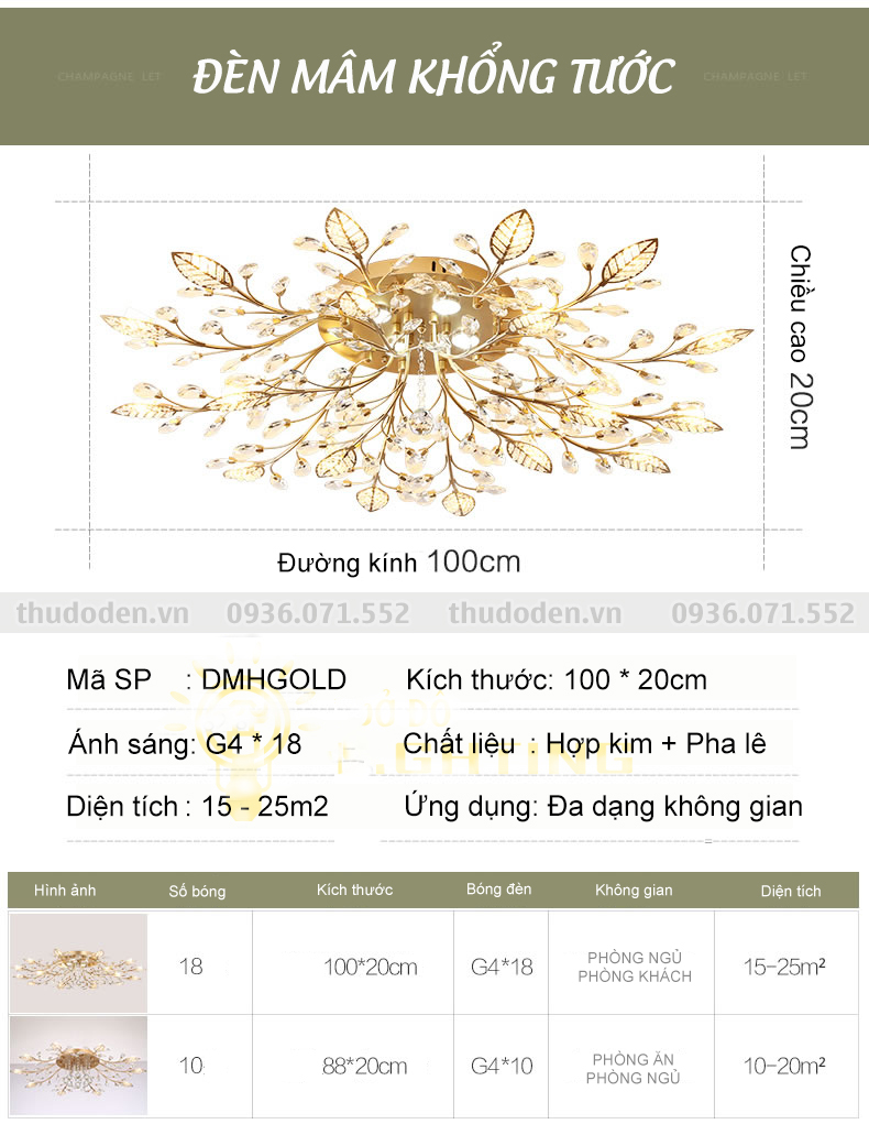 Đèn Mâm Khổng Tước Hoa Gold – MHĐ54