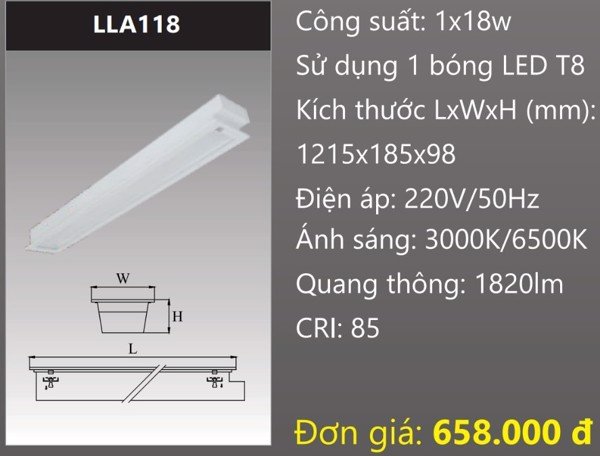 MÁNG ĐÈN ÂM TRẦN CHỤP MICA GẮN 1 BÓNG 1M2 LED 18W DUHAL LLA118