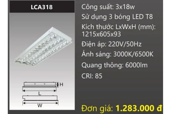 MÁNG ĐÈN ÂM TRẦN 600x1200 (60x120) CHÓA PHẢN QUANG GẮN 3 BÓNG LED 3x18W DUHAL LCA318